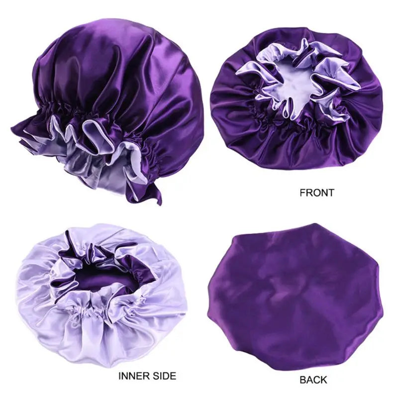 Women Double Layer Satin Sleep Bonnet Cap Large Solid Color Adjustable Elastic Ruffles Reversible Hair Loss round Night Hat