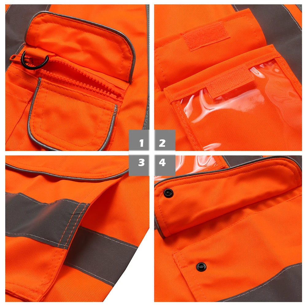 Fluorescent Orange Safety Vest with Pockets Zipper Front Closure High Visibility Reflective Safety Vest with Reflective Strips