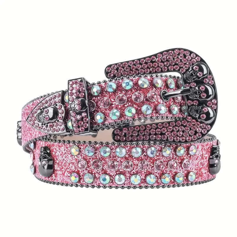 Fashion Rhinestone Skull Belt for Women Crystal Encrusted Jeans Decoration Pink Luxury Designer Diamond Bb Belt