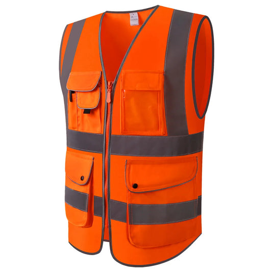 Fluorescent Orange Safety Vest with Pockets Zipper Front Closure High Visibility Reflective Safety Vest with Reflective Strips