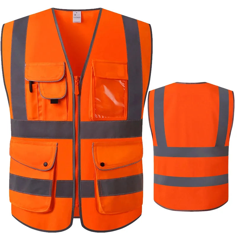 Fluorescent Orange Safety Vest with Pockets Zipper Front Closure High Visibility Reflective Safety Vest with Reflective Strips