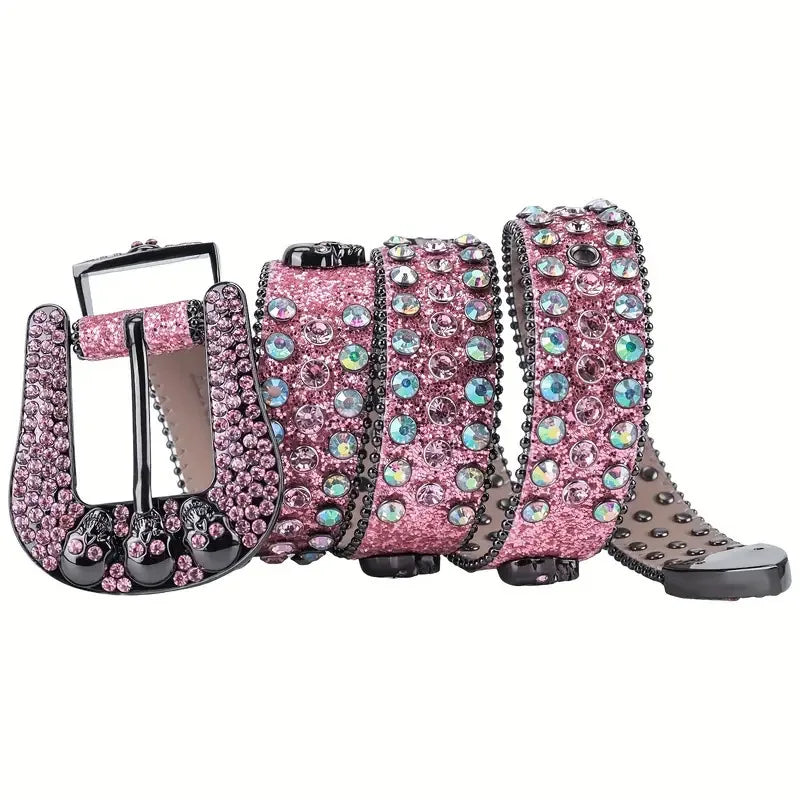 Fashion Rhinestone Skull Belt for Women Crystal Encrusted Jeans Decoration Pink Luxury Designer Diamond Bb Belt