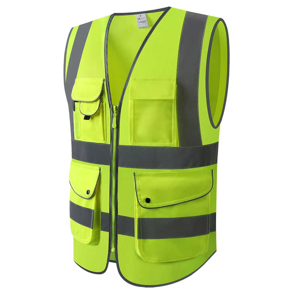 Fluorescent Orange Safety Vest with Pockets Zipper Front Closure High Visibility Reflective Safety Vest with Reflective Strips