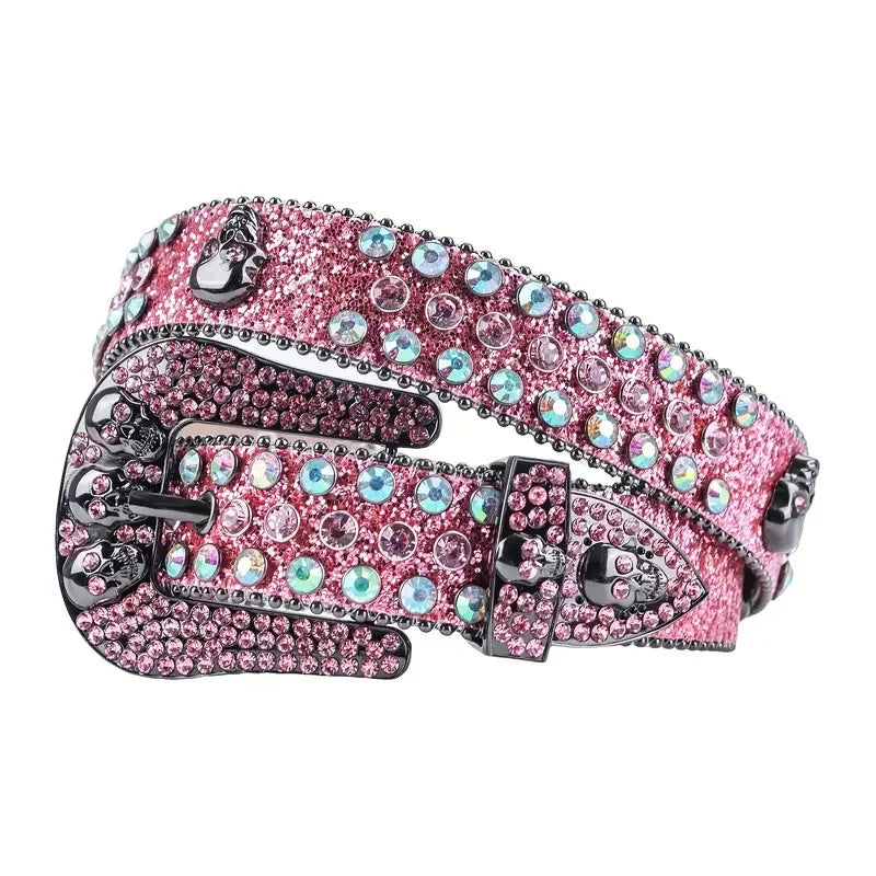 Fashion Rhinestone Skull Belt for Women Crystal Encrusted Jeans Decoration Pink Luxury Designer Diamond Bb Belt